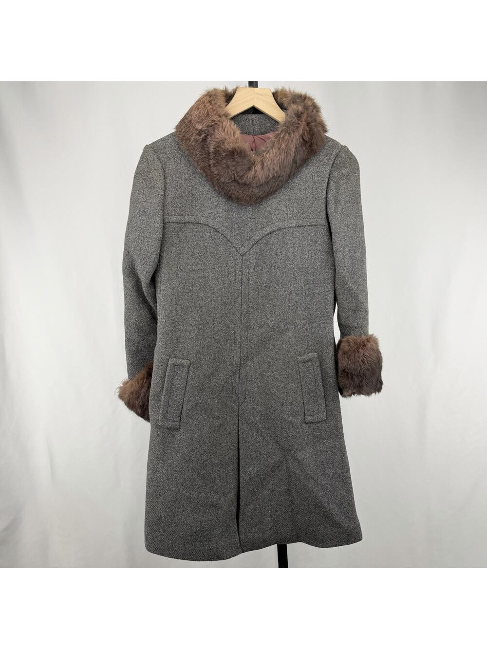 Vintage 50s Wool Tweed‎ Coat Fur Collar Cuffs Small Cocoon Mid Century Mad Men